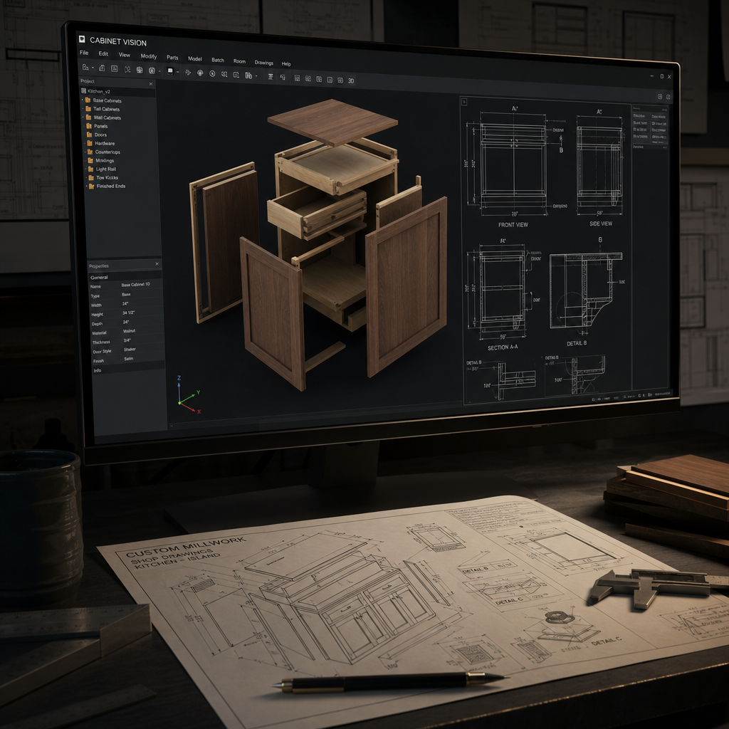 Custom millwork cabinetry shop drawings and 3D model